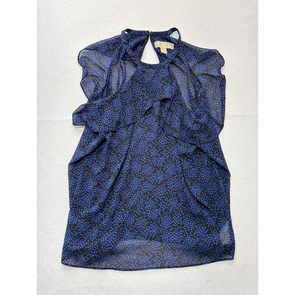 MICHAEL Michael Kors Blouse Womens Small Blue Star Print High Neck Ruffle Sheer